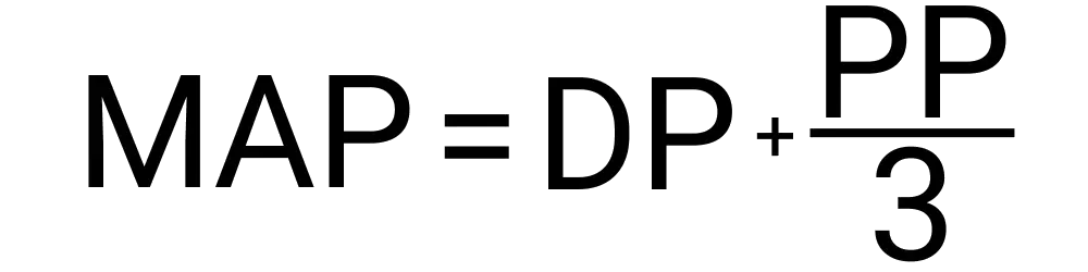 An image of the formula used to calculate the mean arterial pressure, or MAP, of someone.